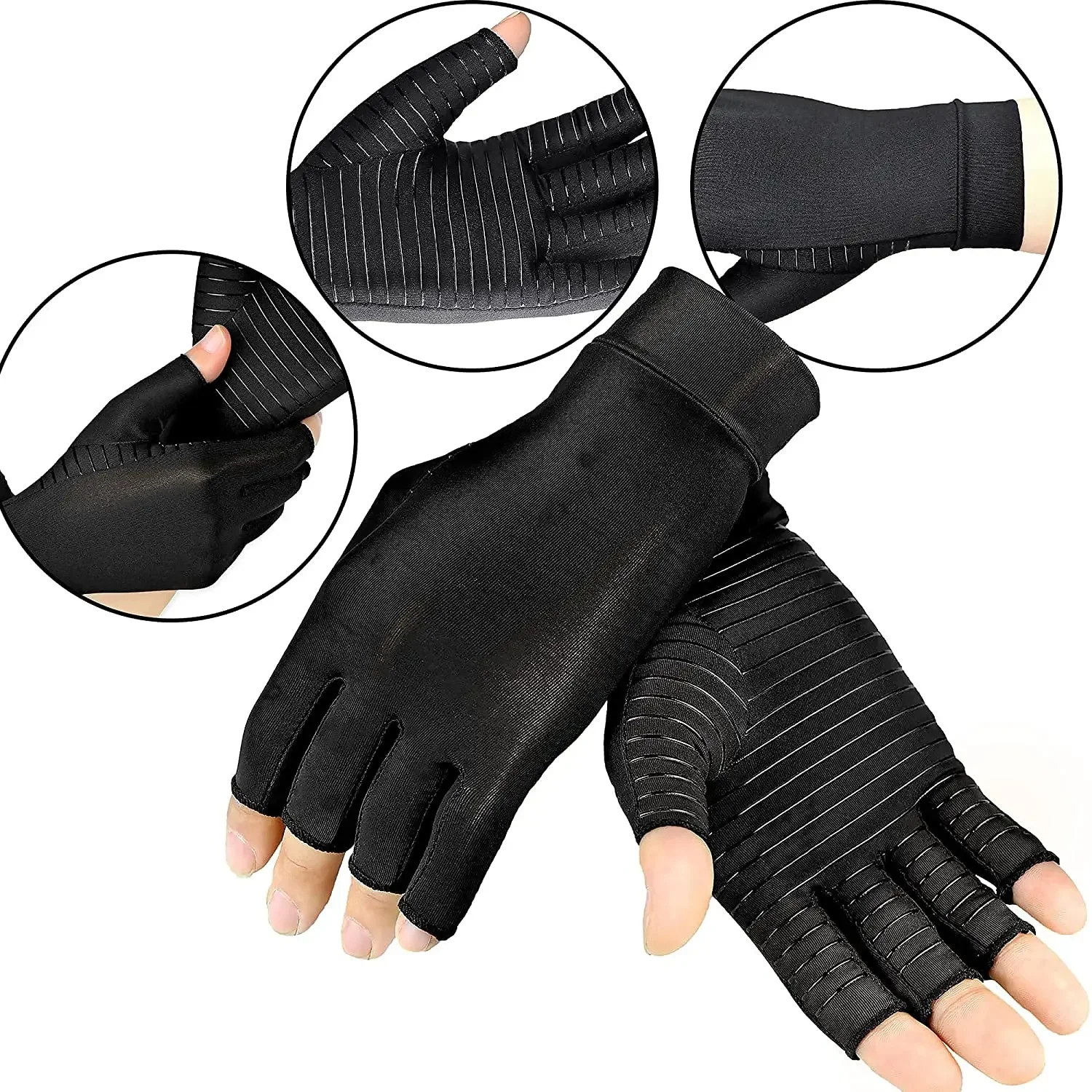 1Pair Copper Arthritis Compression Gloves for Women Men, Fingerless Compression Gloves for Carpal Tunnel, RSI, Driving, Typing