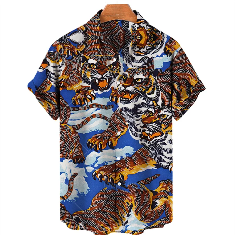 Animal Leopard Graphic Shirts for Men Clothing 3D Print Hawaiian Beach Shirts Short Sleeve y2k Tops Vintage Clothes Lapel Blouse