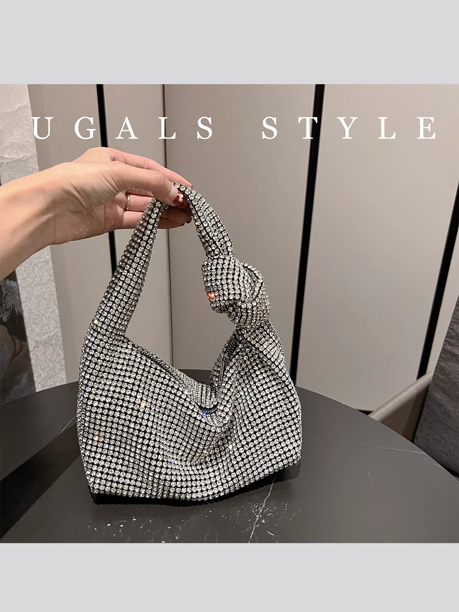 UGALS Sparkling Diamond Pillow Shape Tote Bag Evening Party Handbag Youth Sweet Lady Style Soft Polyester  Single Shoulder