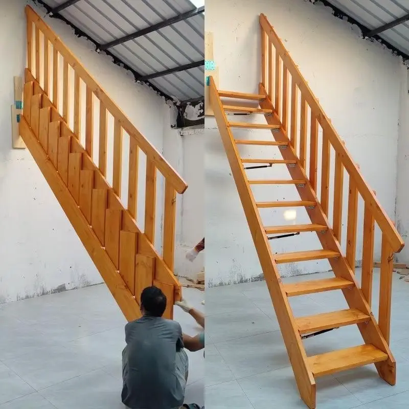 Solid wood straight single climbing Internet celebrity home folding ladder duplex wall fashion folding loft telescopic attic sta