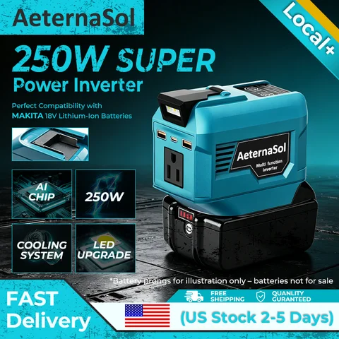 M7200 250W Portable Power Inverter, DC18V to AC 110V/220V Multifunctional Battery Inverter Compatible with Makita 18V Li-ion Battery, with PD QC Fast Charging & LED Work Light