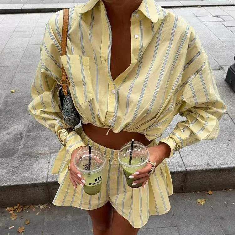 

Summer Striped Shirt Shorts Set Women's High Waist Short Pants Long Sleeve Turn-down Collar Buttoning Top Bottom Two-piece Suit