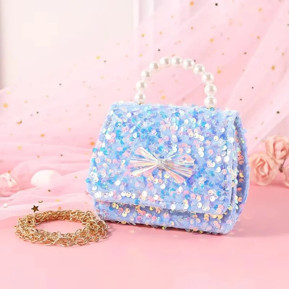 Stylish Sequin Princess Crossbody Bag Glitter Bowknot Girls Purse Pearl Handle Detachable Strap Handbag