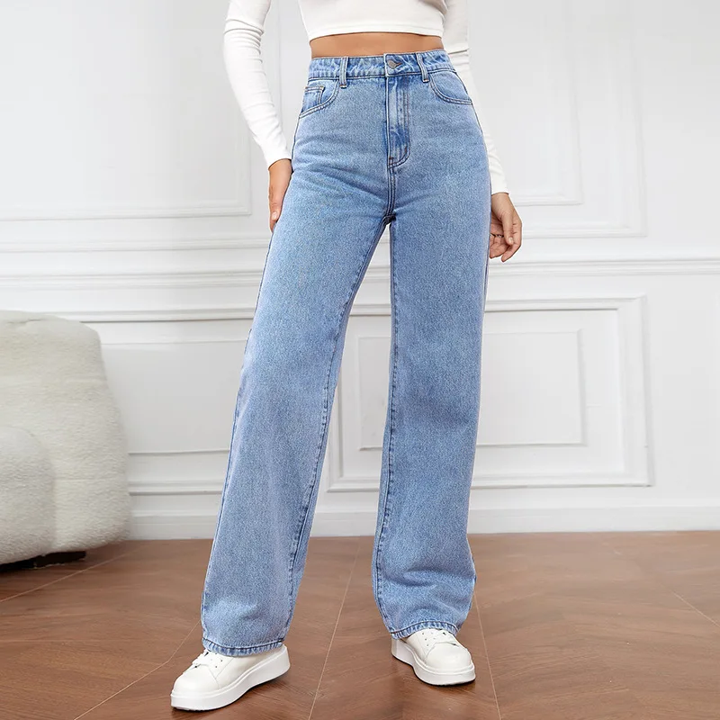 Stretch Washed Denim Women\'s Trousers Fashionable and Versatile Straight-leg Jeans Pants 2023 New European and American