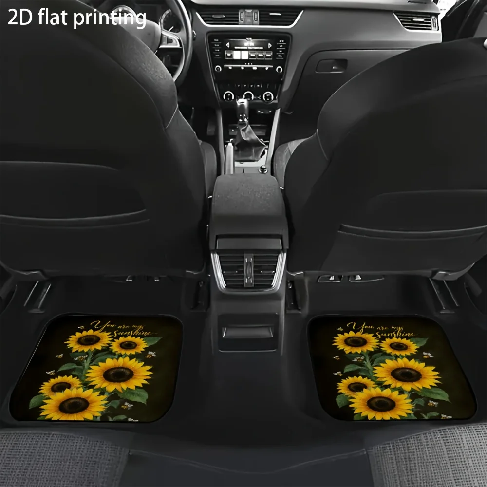 4pcs Car Floor Mats, Sunflower Bee Text Pattern, Universal Car Mats, Made Of Polyester Fiber, Washable, Suitable For Front And R