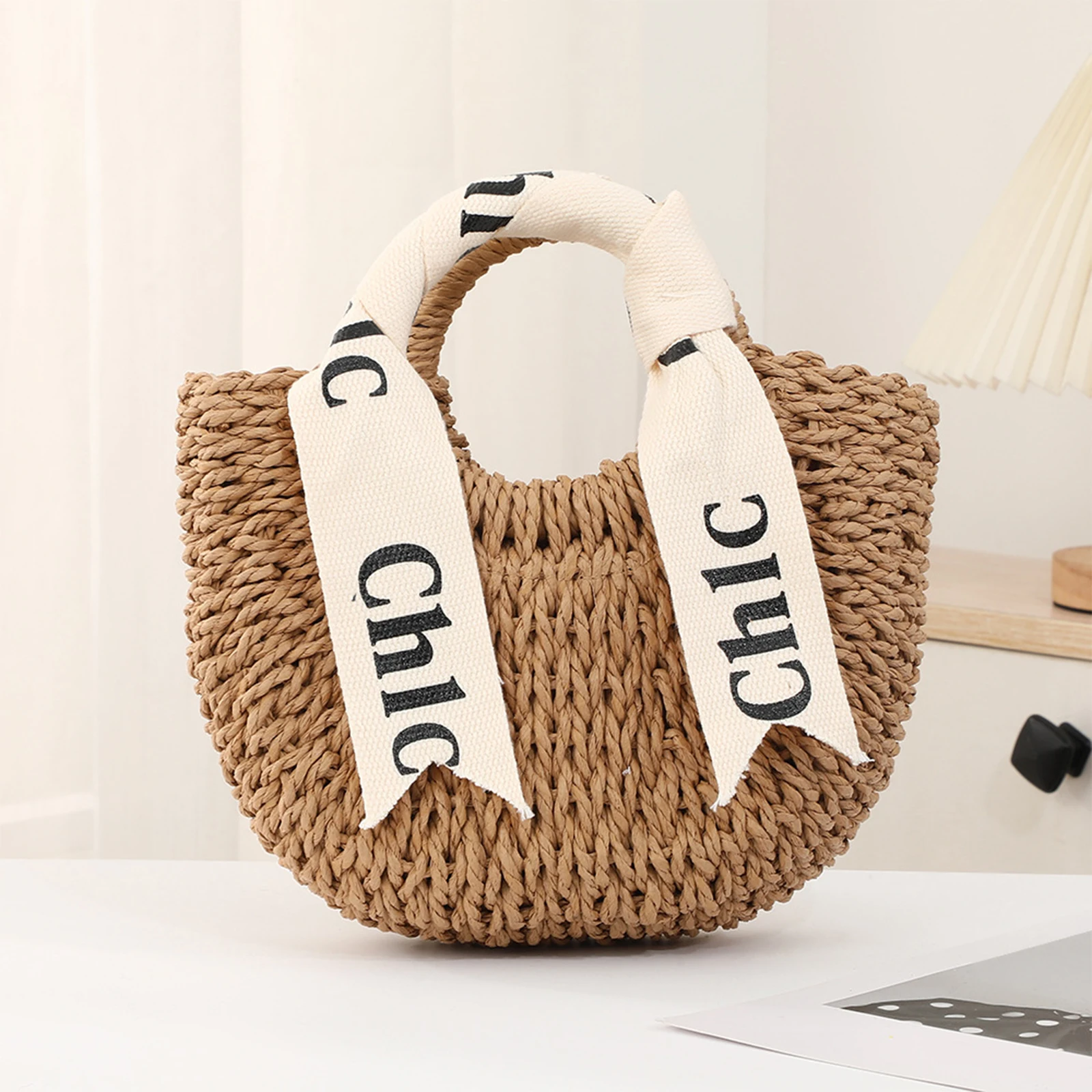 Woven Half Moon Rattan Beach Bag Women Handwoven Straw Tote Handbag with Letter Ribbon Lining Boho Vacation Bag Medium Size