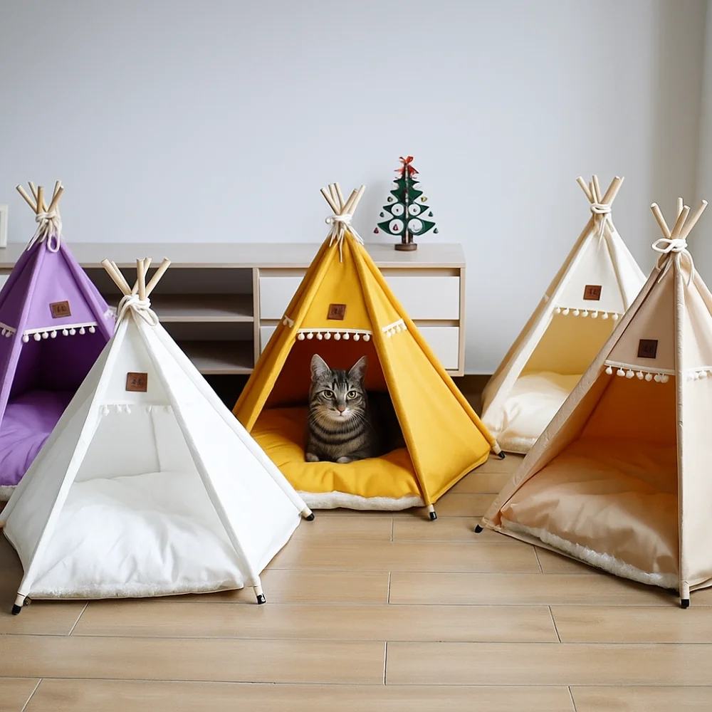 

with Thick Cushion Cat Teepee Tent Washable Thick Cushion Dog Tent Bed Soft Mattress Foldable Pet Tent Kennel Four Seasons