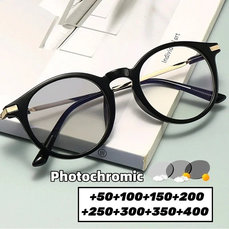 

Vintage Round Photochromic Glasses Fashion Retro Men Reading Glasses Frame Unisex Women Smart Discoloration Eyewear+0.5+4.0