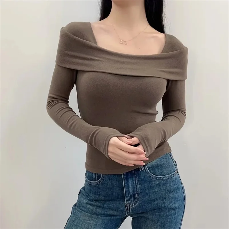 

Spicy Girl Design Short Slim Fit Elastic Bottom Shirt Women's Tight Inner Long Sleeve T-shirt One Shoulder Top