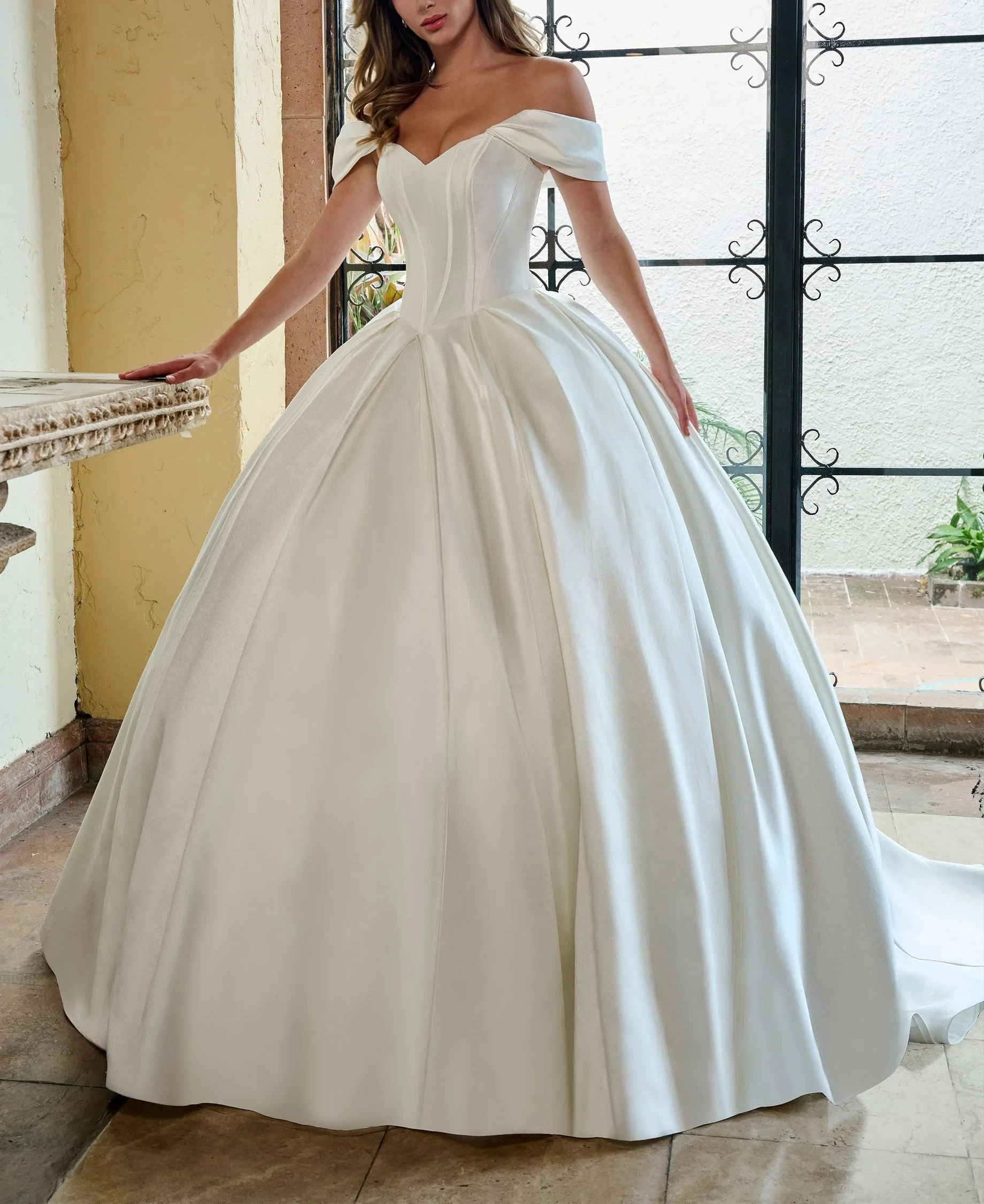 

A Line Off Shoulder Satin Wedding Dresses for Bride Long Bridal Gowns for Women Button with Train