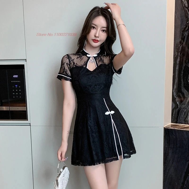 2024 traditional chinese improved qipao banquet nightclub cheongsam lace patchwork qipao dress+shorts set hotel spa work dress