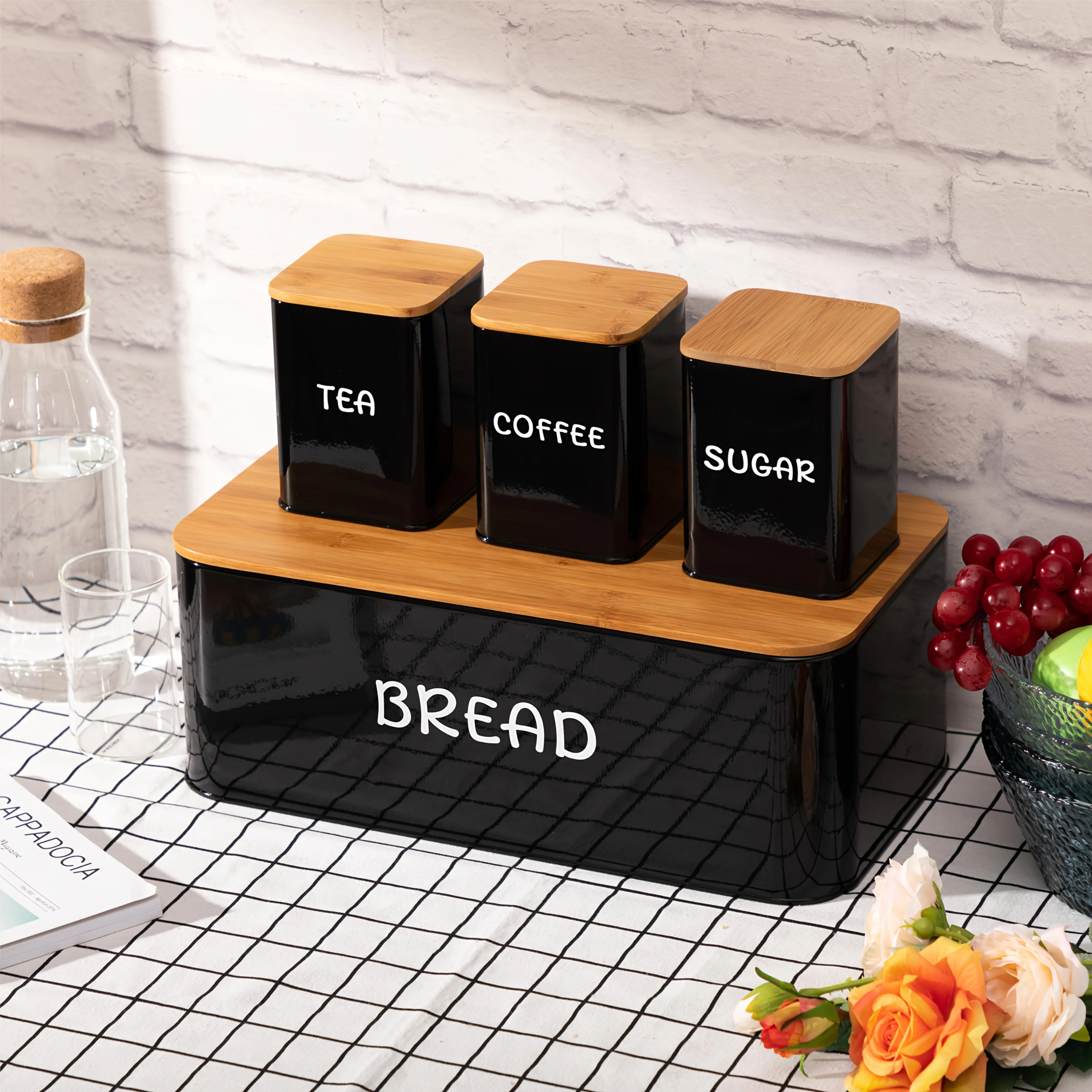 

Bread Box with 3pcs Jars Coffee Sugar Tea for Kitchen Countertop White Metal Bread Box with Bamboo Board Cover Pastry Storage