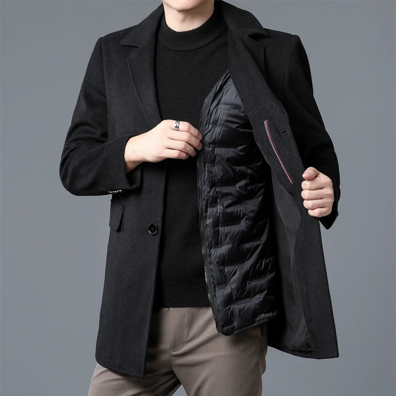 Winter Men Wool Essential Coat Black Gray Thick Thermal Overcoat With Detchable Down Puff Vest Attire Gentlemen Warm Soft Outfit