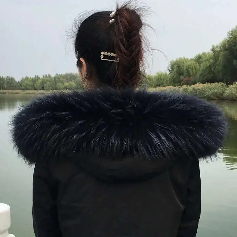 Kerah Bulu Rakun Syal Hangat Mewah Musim Dingin Wanita Selendang Bulu Dapat Dilepas Mode Kerah Bulu Besar untuk Mantel Wanita Syal Bulu Hitam