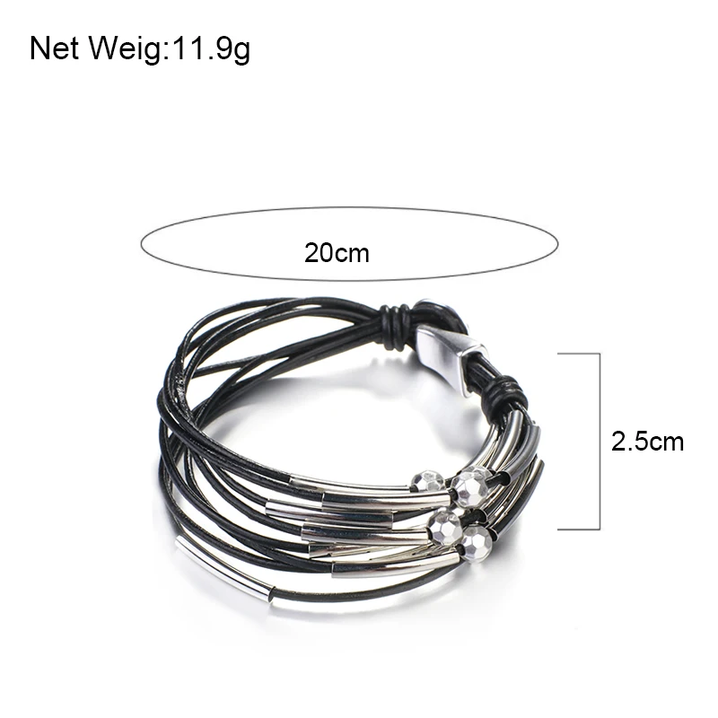 ALLYES Simple Handmade Black Leather Bracelets for Women Men Metal Beads Charm Multilayer Wrap Bracelet Female Jewelry