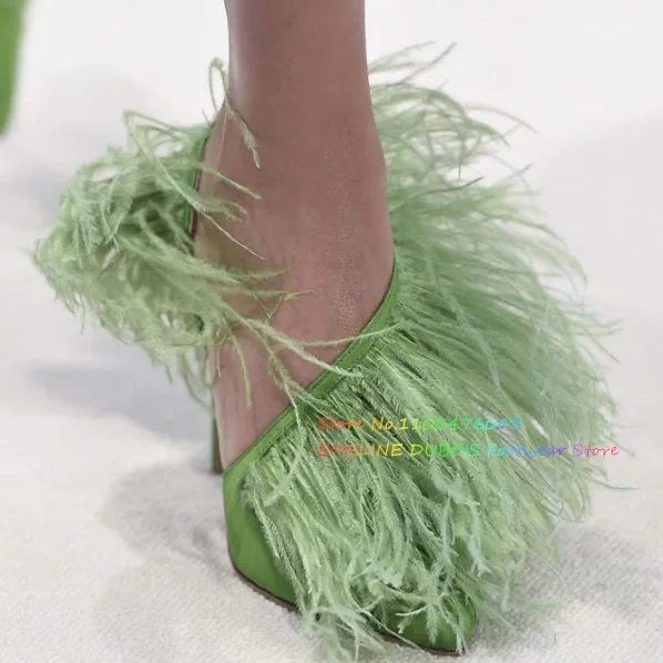

Green Feather Pointy Toe Pumps Women Hollow Stiletto Heel Summer New Sexy Slingback Black Banquet Party Dress Runway Shoes