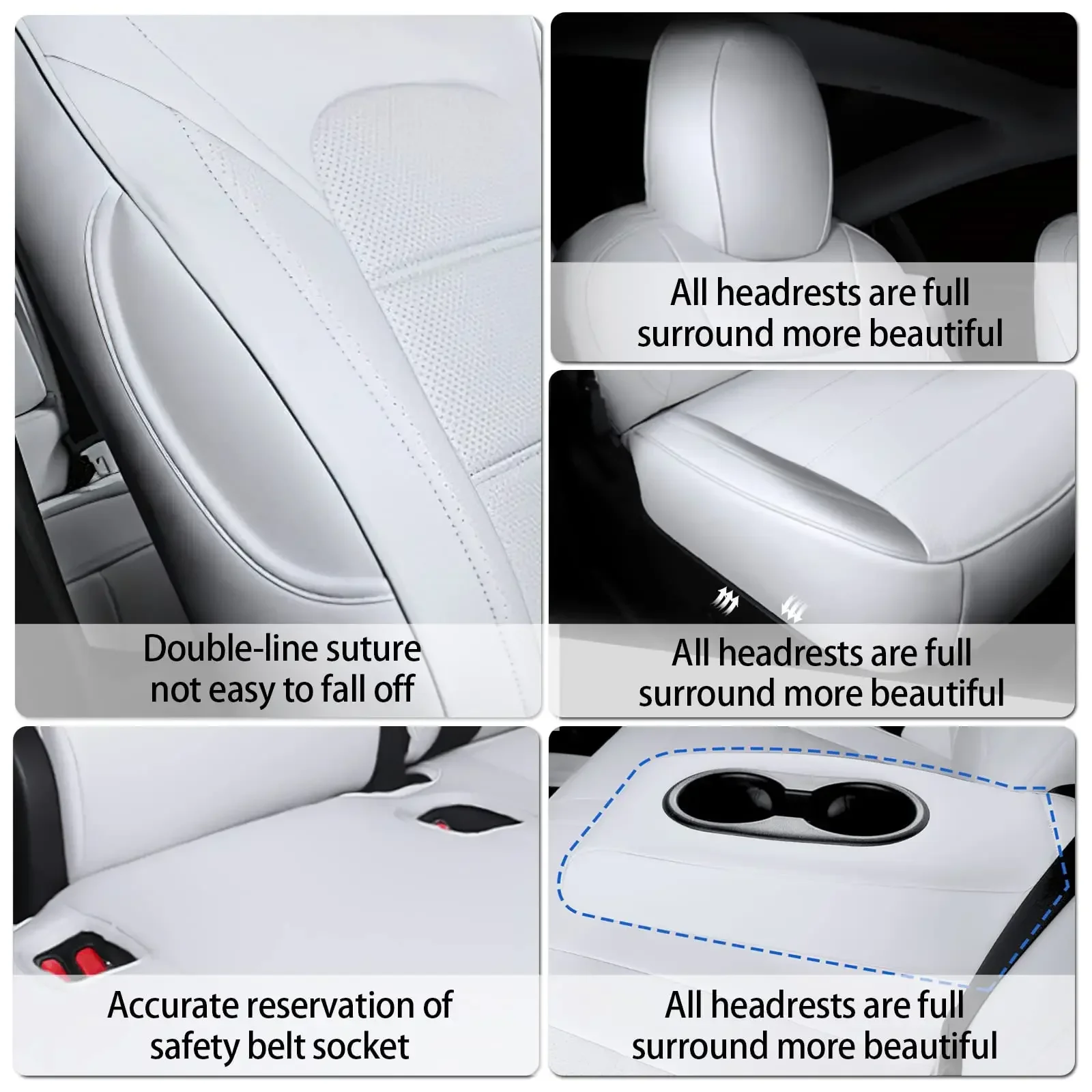 White seat Covers Nappa Leather Car Seat Accessories Full Set    for  Model 3 2023-2020