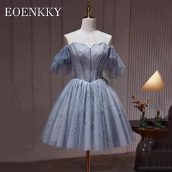 Luxury Mini Rhinestone Prom Dresses Blue Off The Shoulder Tulle Beading Birthday Banquet Dress فستان سهره A Line V Neck Short