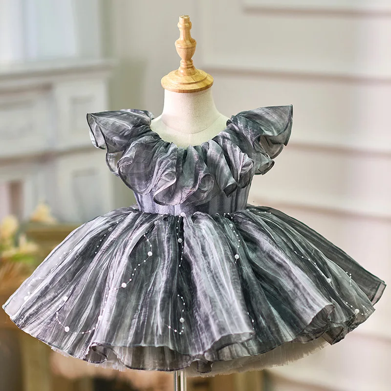 

New girl gray high-end dress, one shoulder Christmas dress, the lace of the western skirt, 3-10 years old girl catwalk performan