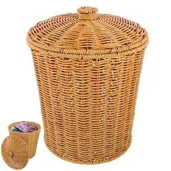 Storage Basket with Lid Weaving Home Container Woven Clothes Laundry Baskets Sundries Organizer Hamper Toys Room Dirty Holder