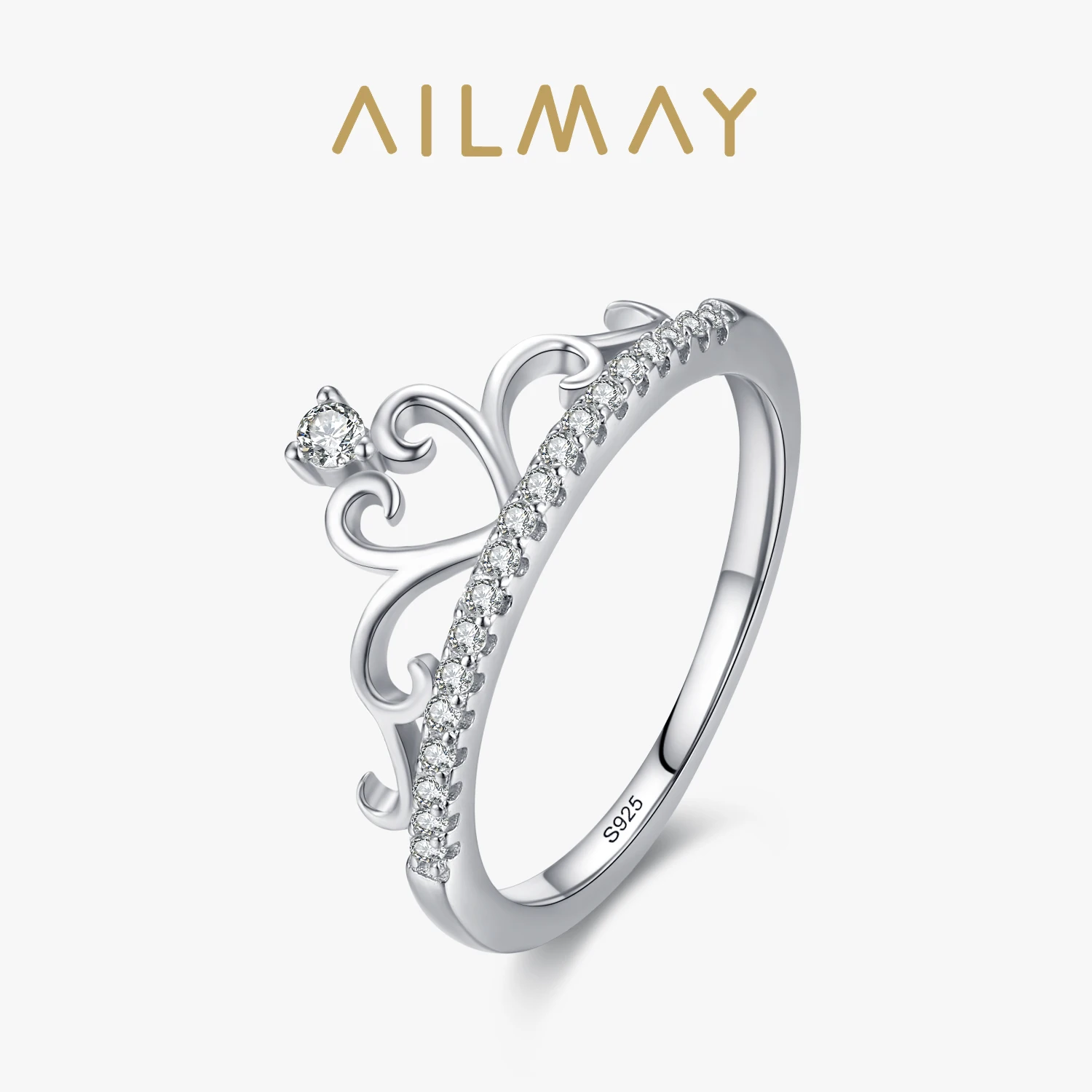 Ailmay New 100% 925 Sterling Silver Fashion Elegant Clear CZ Crown Finger Ring Dla kobiet Akcesoria ślubne Drobna biżuteria Prezent