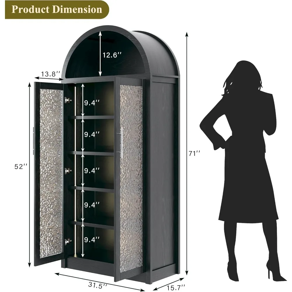 خزانة مقوسة طويلة مع 3 أضواء ملونة، خزانة تخزين مخزن المطبخ مع أبواب زجاجية وأرفف قابلة للتعديل، حديثة من 6 طبقات