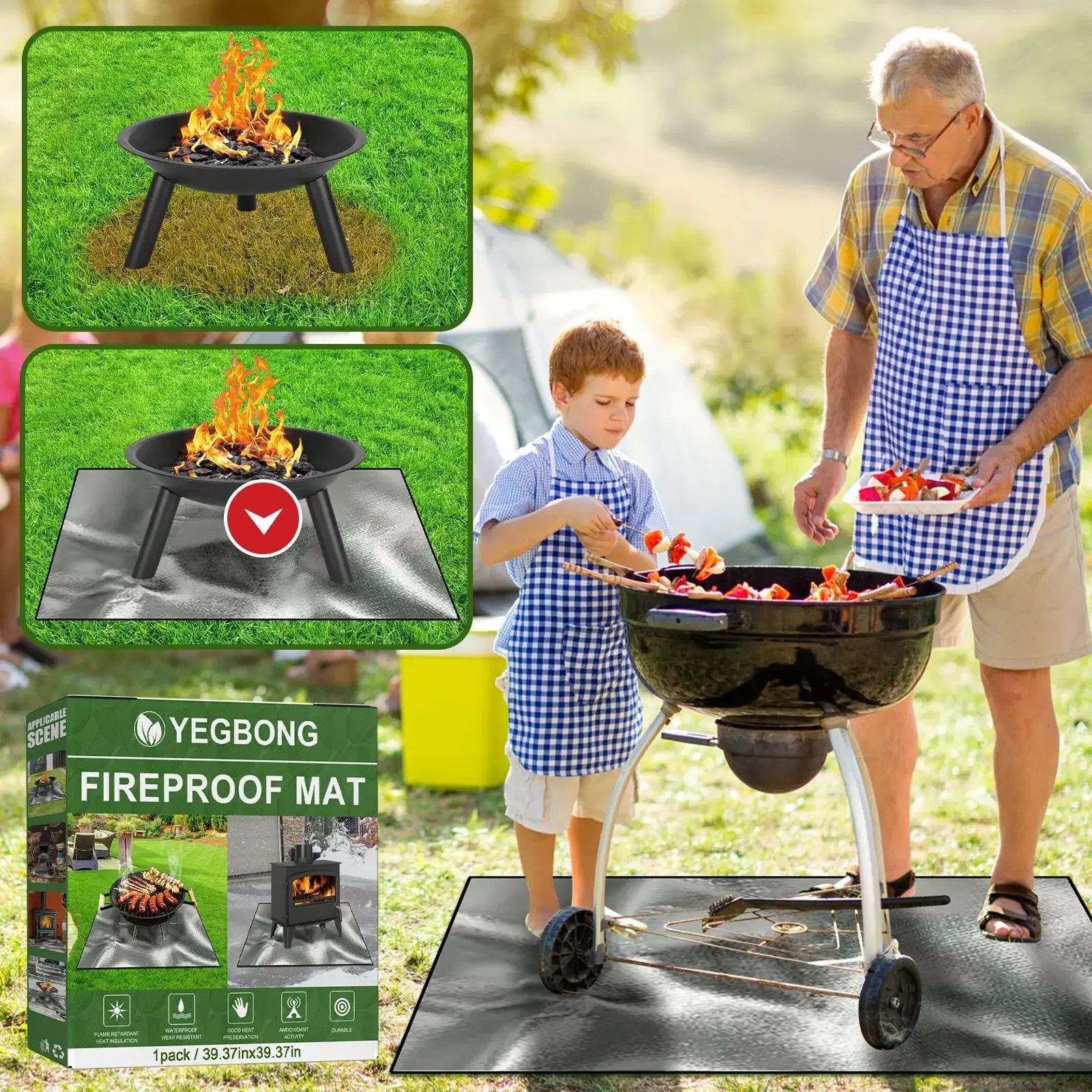 Yegbong Silver Fireproof Mat Outdoor Camping Barbecue Fireproof Mat High Temperature Protective Picnic Mat