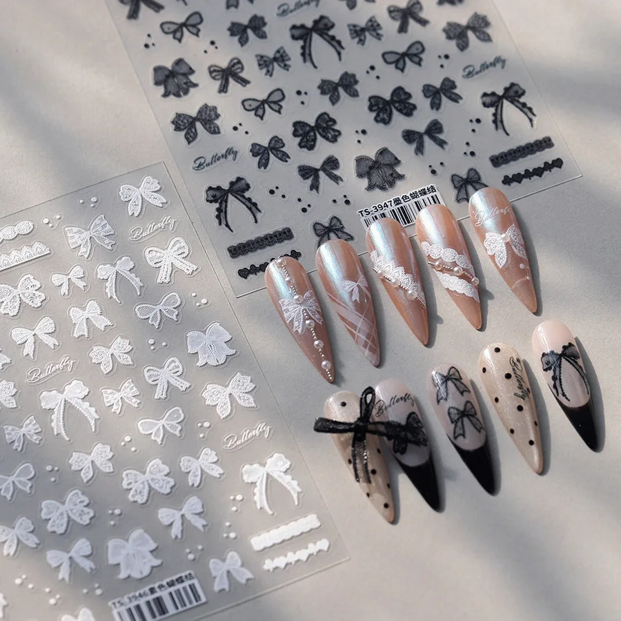 Cravatta in nastro di seta con fiocco in pizzo nero, cravatta cava, sexy, romantica, elegante, linea autoadesiva, decorazione per unghie, adesivo per manicure