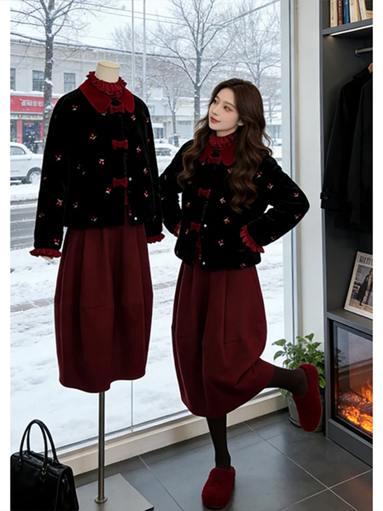 

Корейский зимний модный комплект: женский свободный костюм из двух предметов с юбкой с высокой талией и длинным хлопковым пальто, повседневный стиль