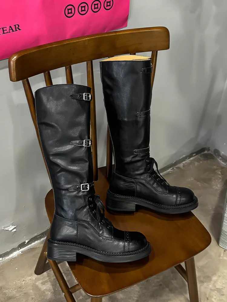 

Genuine Leather High-Top Knight Boots Women's Increased Height Boots Thi Bot Bule Strap Winter Faion Boots