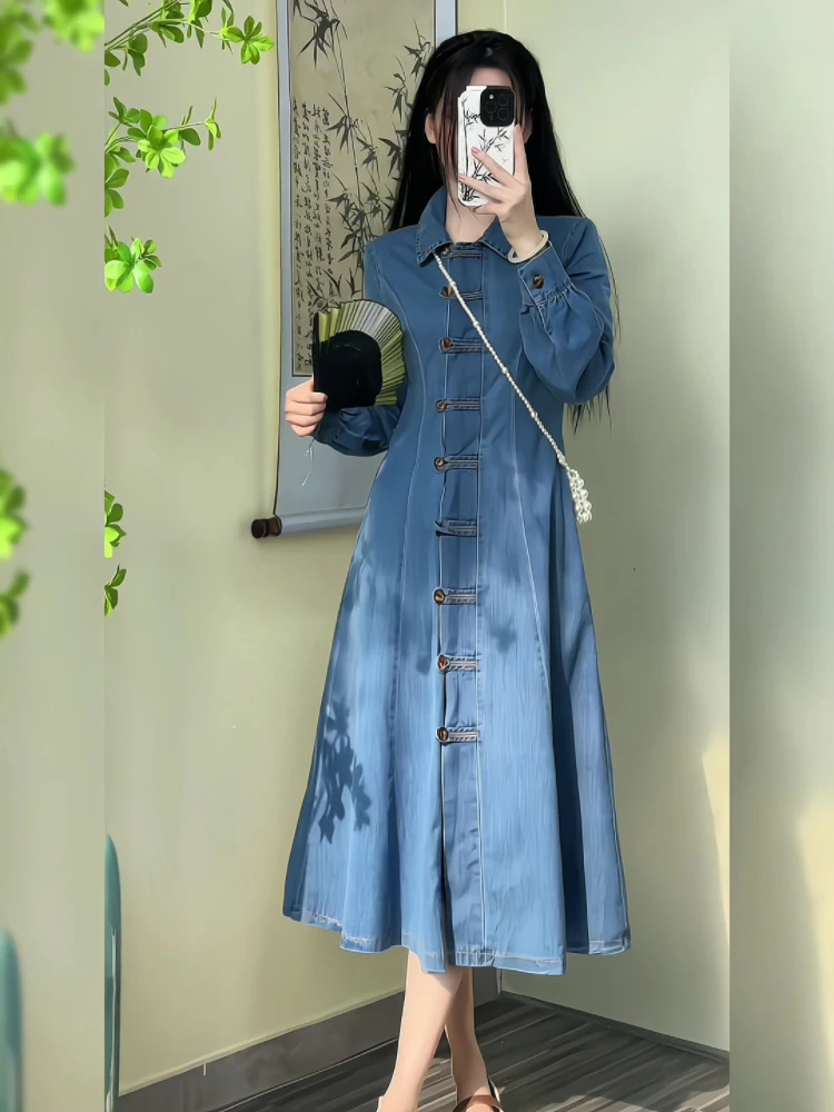 

Chinese Retro Denim Dress Feminine Temperament Gentle Collar National Style Long Vestidos Waistband Slim Chic Denim Dresses