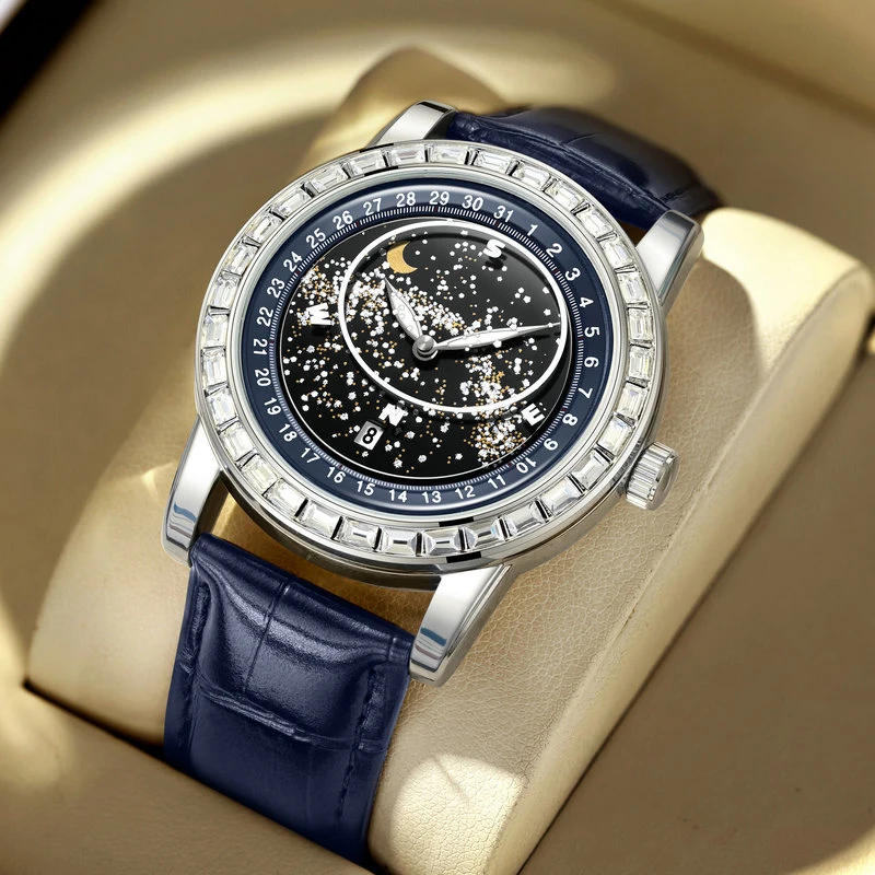 

Men's Watch Fashion Business Leather Strap Luxury Diamond Starry Sky Moon Phase Luminous Date Quartz Watch
