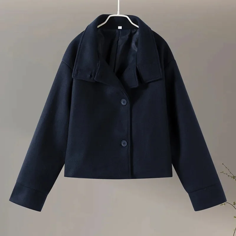 Dunkelblaue Wolljacke für Damen, 2025, Frühling, einreihig, Stehkragen, lockerer weiblicher Mantel, Bürodame, Straße, kurze Oberbekleidung, Tops – Detail 8