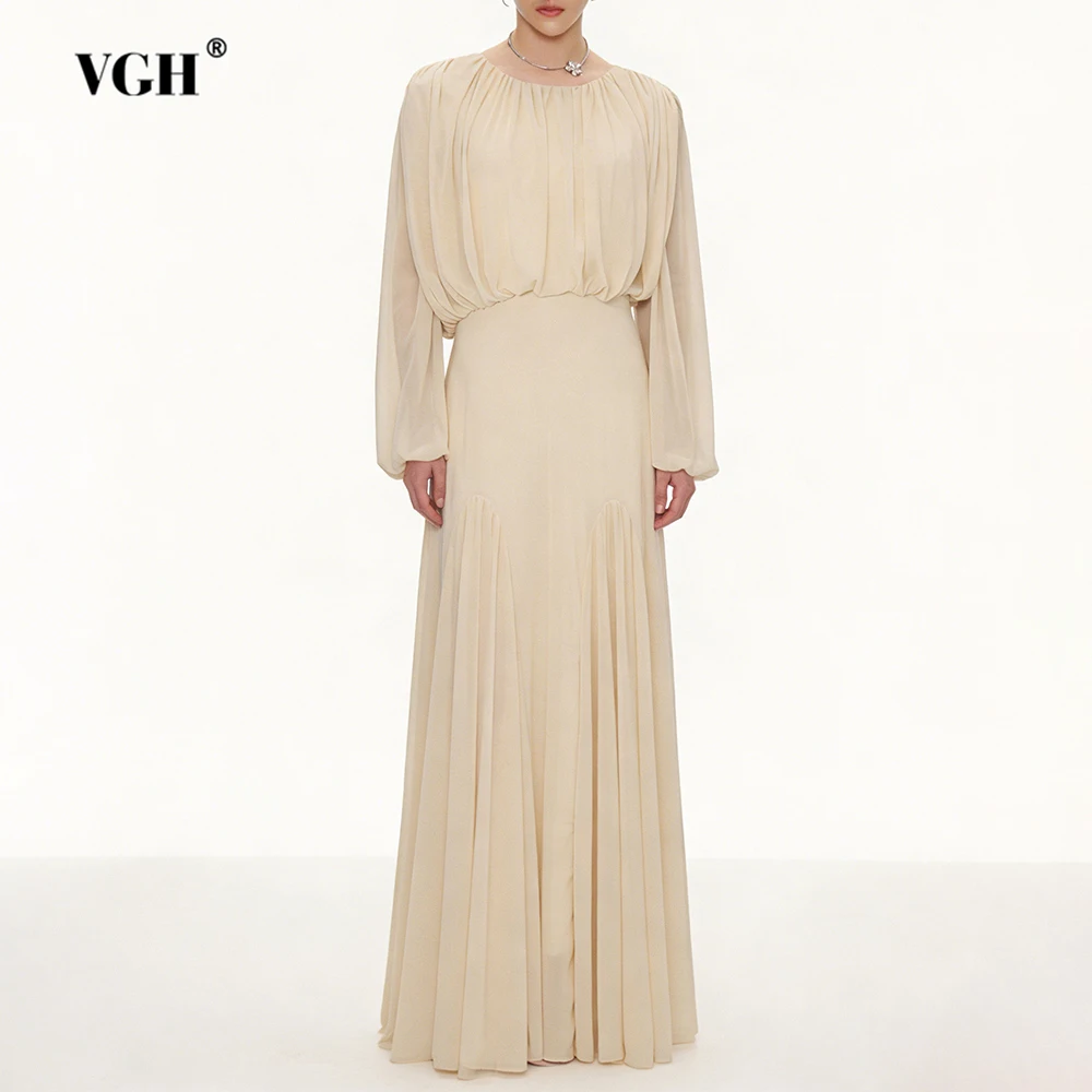 

VGH Темпераментные утягивающие однотонные драпированные платья для женщин с круглым вырезом и длинными рукавами, с высокой талией, элегантное вечернее платье, женская мода, новинка