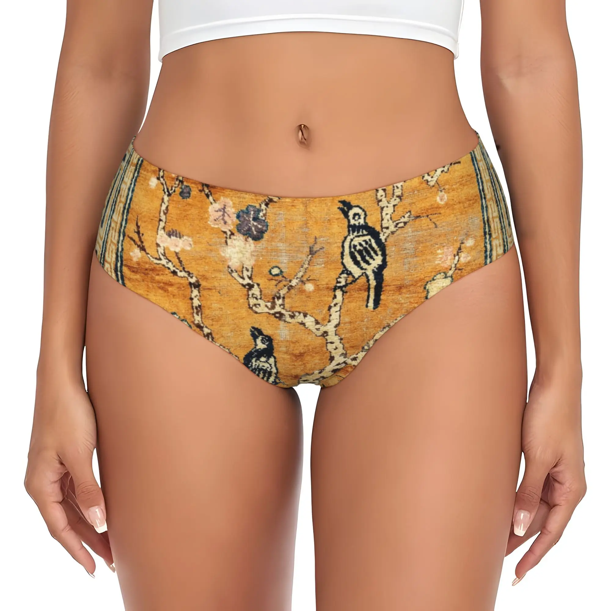 Women's Antique Chinese Pictorial Birds Tree Rug Panties Underwear Female Stretch Bohemian Briefs Underpants