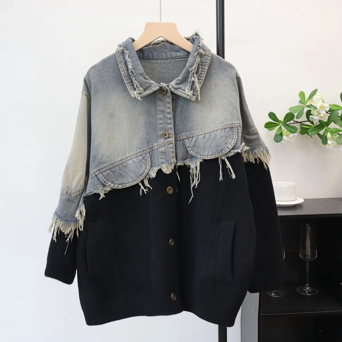

Women Knitted Cardigan Jumpers Casual Denim Sweaters Patchwork Turn Down Collar Long Sleeves Thick Single Breasted 2025 Autumn