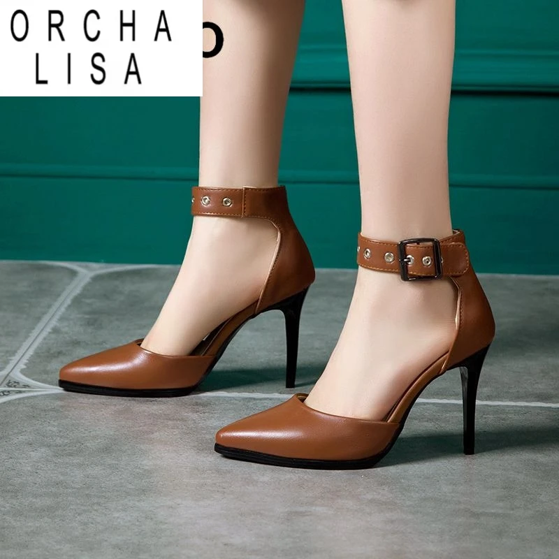 

ORCHA LISA 2025 Новые сексуальные женские сандалии с острым носком на тонком каблуке 9 см с пряжкой и ремешком из металла, большой размер 48 49 50 Туфли для свиданий