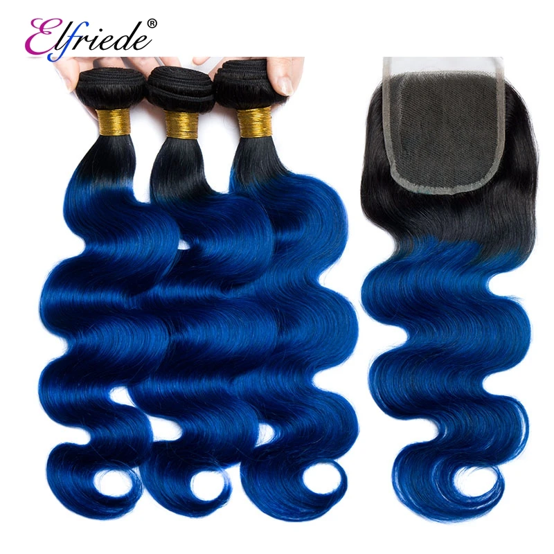 Elfriede #T1B/Blue Body Wave Precolored Hair Bundles with Closure Human Hair Wefts 3 Bundles with Transparent Lace Closure 4x4