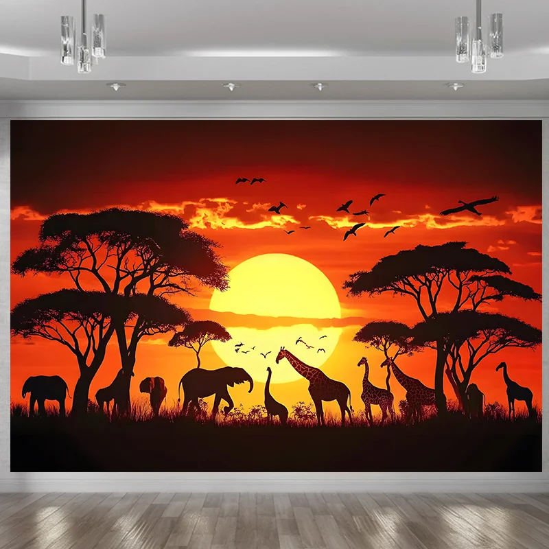 Banner für eine Partyschürfunktion, afrikanischer Sonnenuntergang mit Tiermotiven als Hintergrunddekoration, Foto-Requisiten, Polyester-Banner-Dekoration
