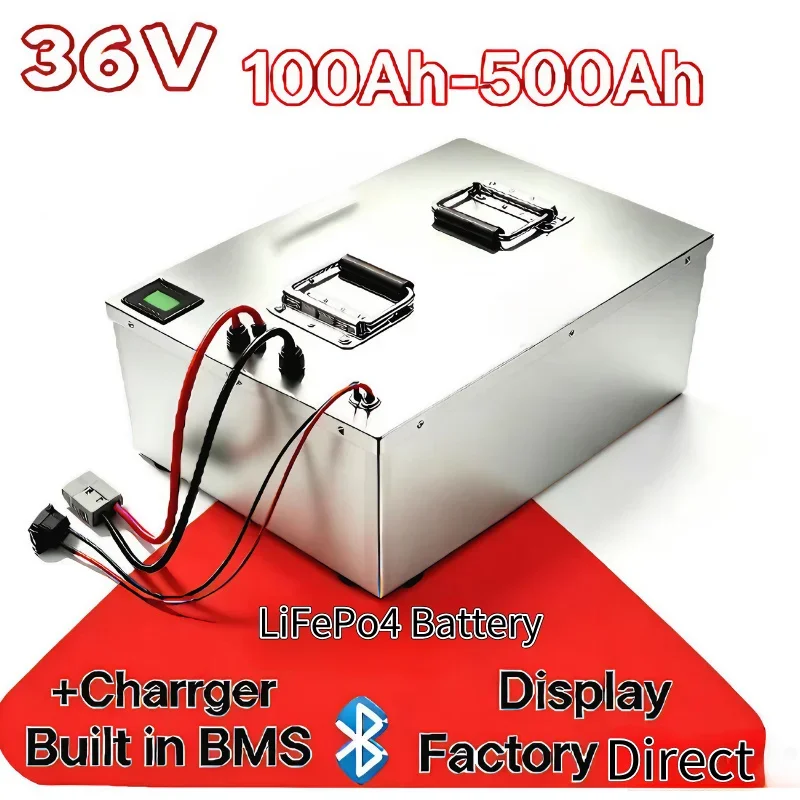 

36V Stainless Steel LiFePO4 Battery 100Ah-500Ah Built-in BMS Deep Cycle Lithium Battery Pack With Charger For E-bike Storage