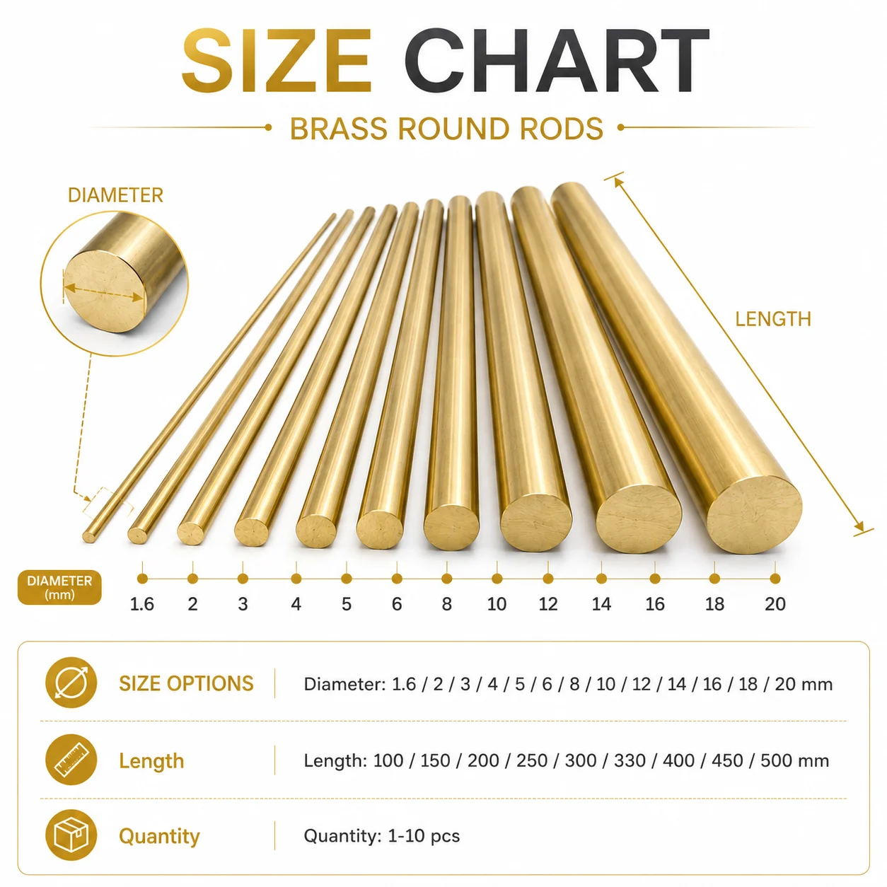 1-10pcs Brass Rod Diameter 1.6-20mm Length 100-450mm Brass Round Bar Knife Handle Part DIY Accessories