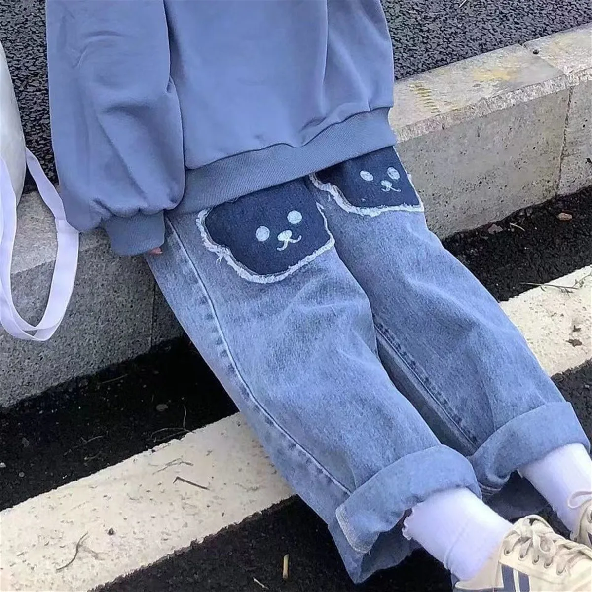 Cool lindo Hip Hop oso Jeans niñas Cool Harm pantalones Mujer Punk alta cintura Denim holgado INS otoño Harajuku Jeans Mujer