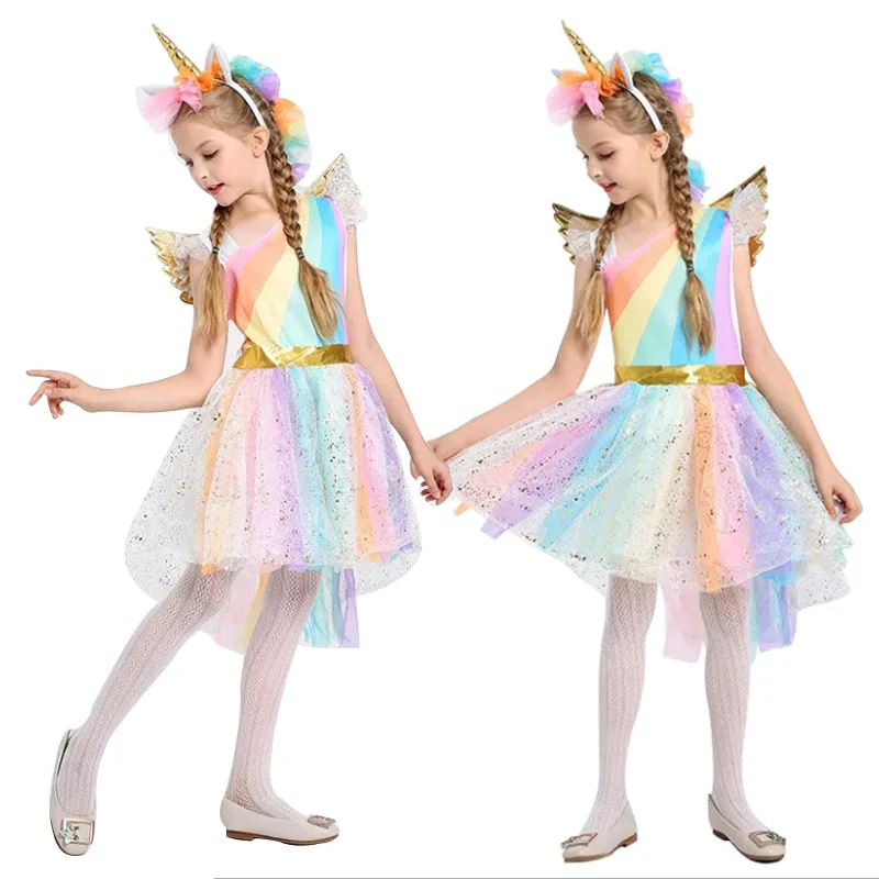 2024 New Girls Cute Kawaii Unicorn Colorful Dress Festival Costume Rainbow Dress Cosplay Party Stage Performance Outfits Dress