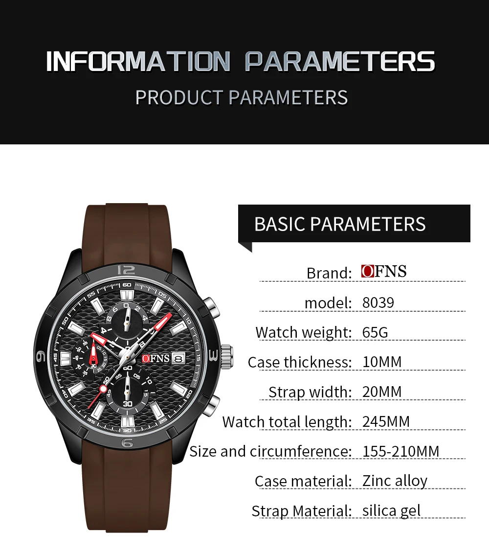 OFNS 8039 Orologio al quarzo da uomo nuovo alla moda Sport Calendario impermeabile Luce notturna Orologio al quarzo da uomo con ago a tre occhi