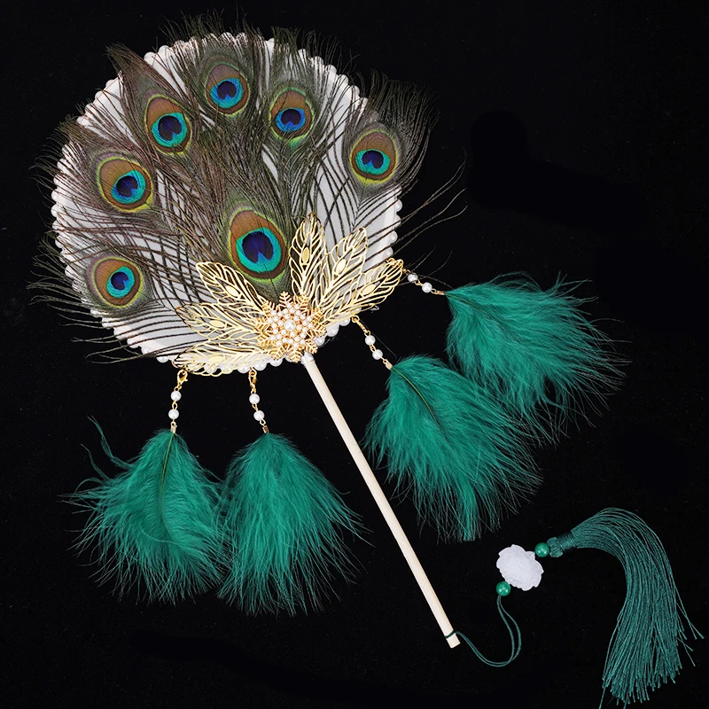 Peacock feather velvet fan antique long handle hanfu cheongsam accessories handheld fan performance shooting prop fan