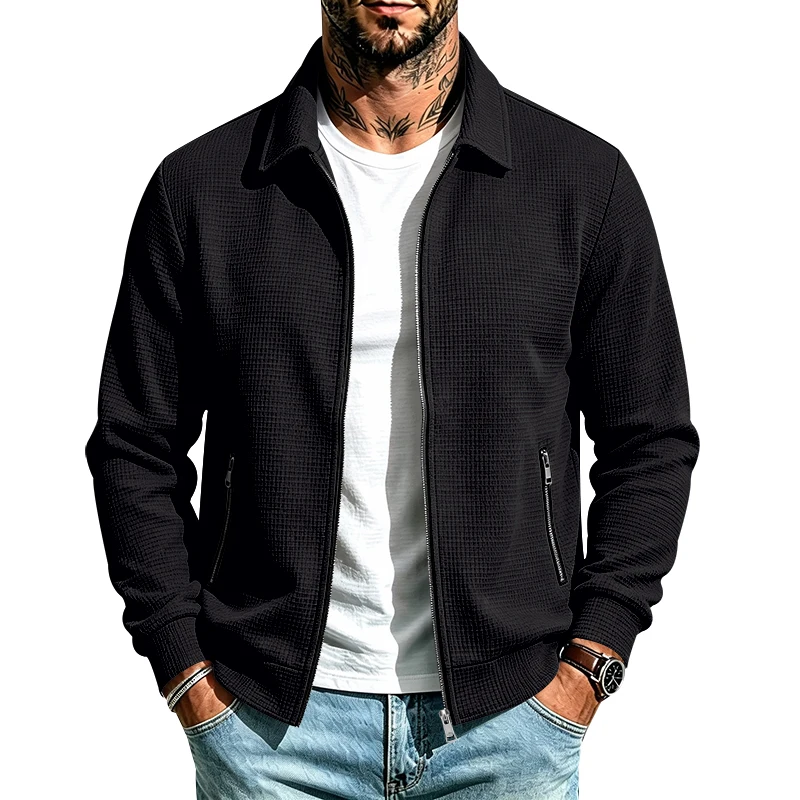 Herren Frühlings- und Herbstjacke aus Waffelstrick mit Reißverschluss, lässig, locker, leicht, mit Kragen, für den Alltag. – Detail 38
