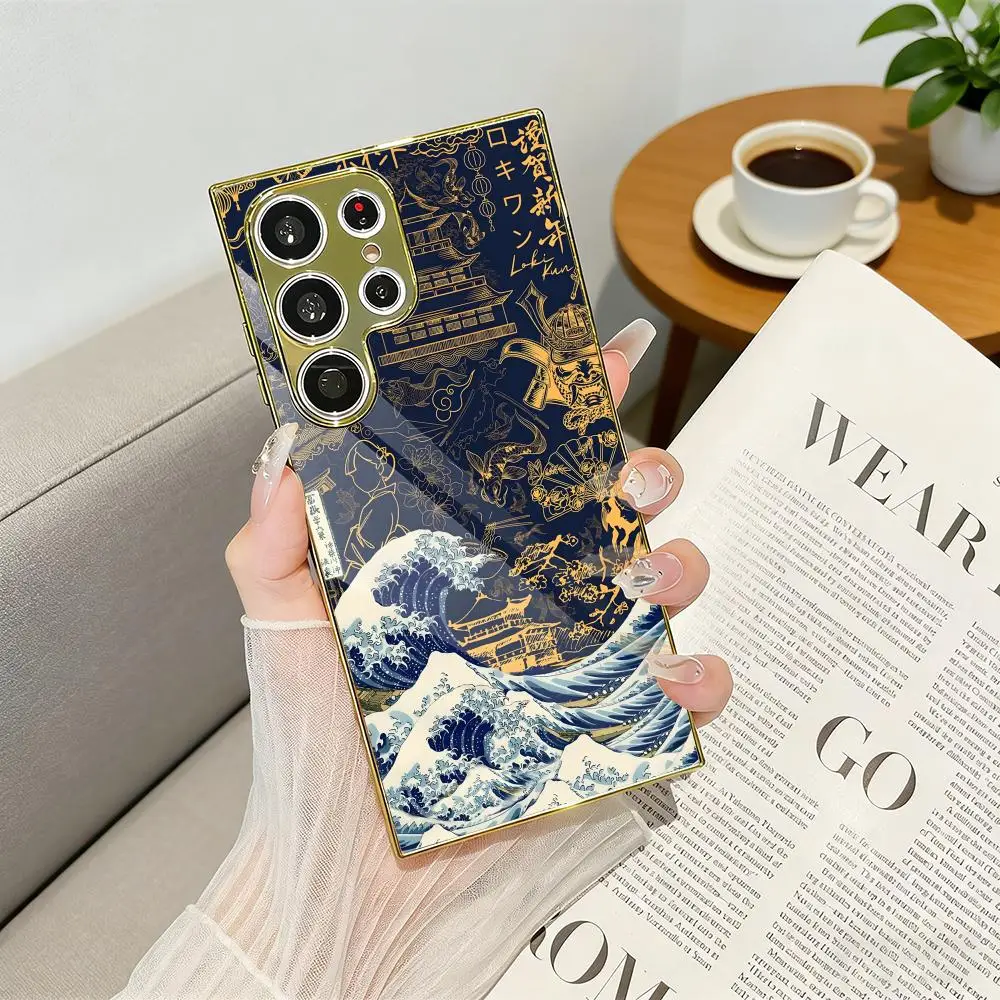 Japanese Anime H-Hokusai Phone Case Luxury Electroplated Metal Frame Case For Samsung Galaxy S25 S24 S23 Ultra