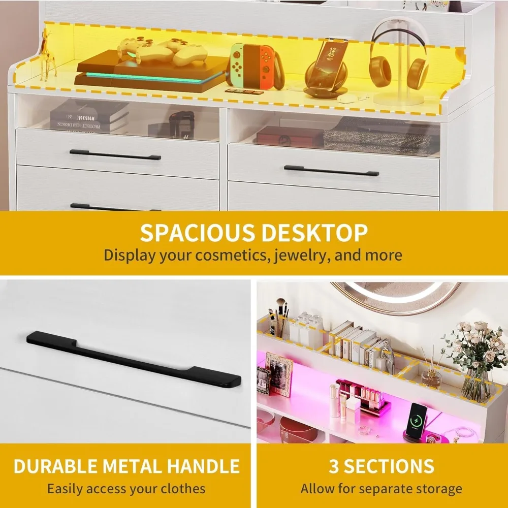 خزانة ملابس LED حديثة مع 6 أدراج، رف تخزين مفتوح لغرفة النوم، المدخل، أبيض