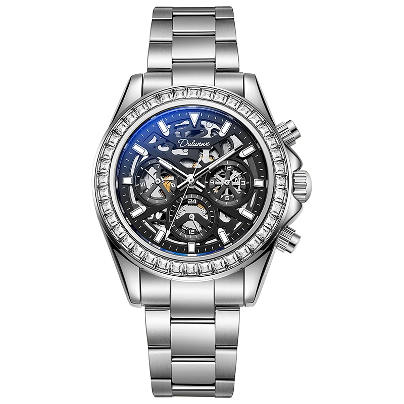 

Dulunwe Мужские часы Скелет Светящиеся мужские полностью автоматические механические часы Многофункциональные деловые мужские часы