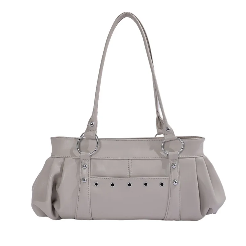 Vintage Hollow Rivet Bag Single Shoulder Large Capacity Pleated Leather Vintage Women's Handbag